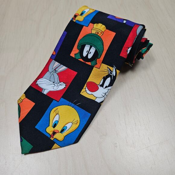 Looney Tunes Mania Mens Vintage 1993 Neck Tie Tweety Bugs Bunny Marvin Martian - Picture 2 of 4